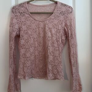 Y2K Pink unconventional Lace Top with Bell Sleeves Sheer Long Sleeve Blouse